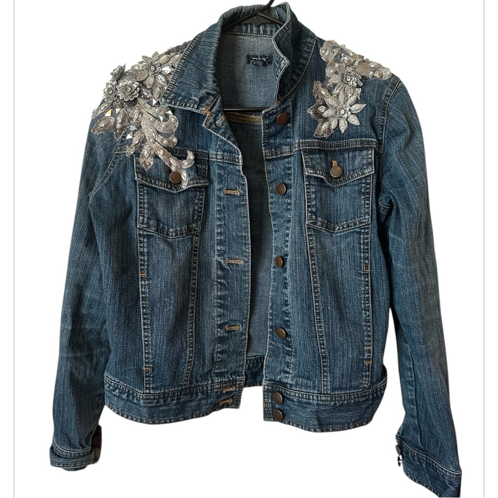 Embellished Blue Denim Jacket with Silver Appliqué